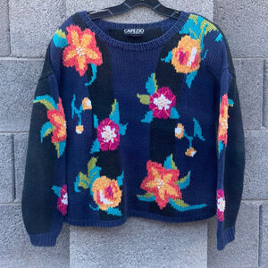 Vintage Capezio Floral Crew Neck Sweater Black Navy Medium